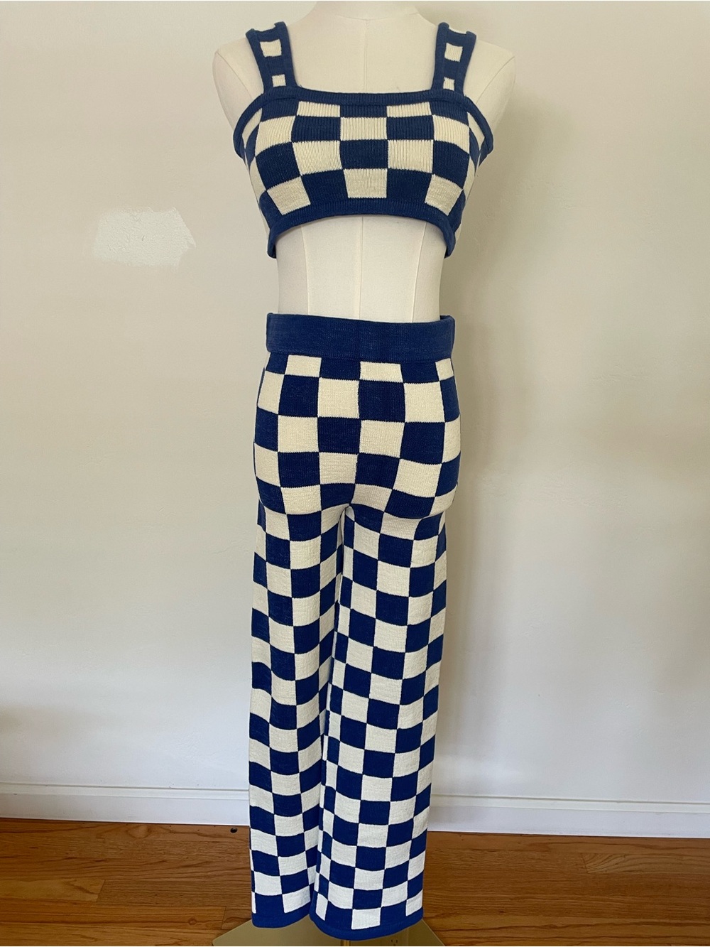 NWOT Belle The Label Knit Checkered Top & Trousers Cobalt Cream Cotton Large